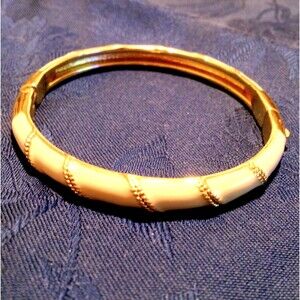 Gold Tone Off White Enamel Hinged Bangle Bracelet
